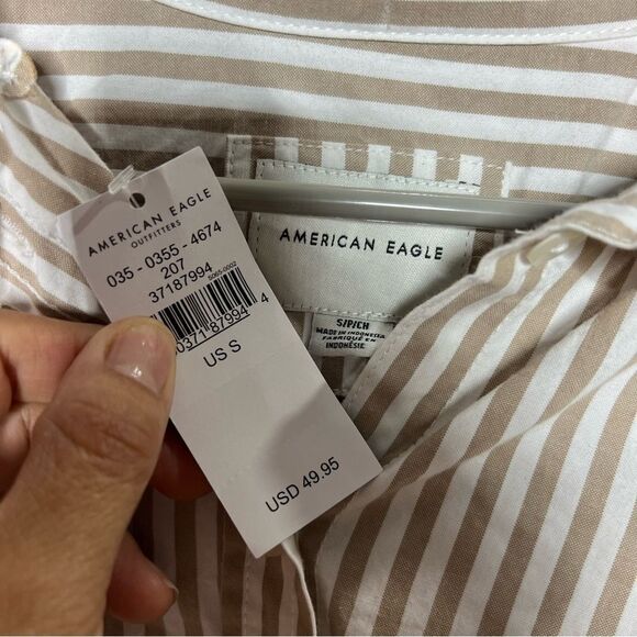 American Eagle Oversized Perfect Button-Up White/Gray Women’s Blouse Shirt Sz S - Picture 9 of 9